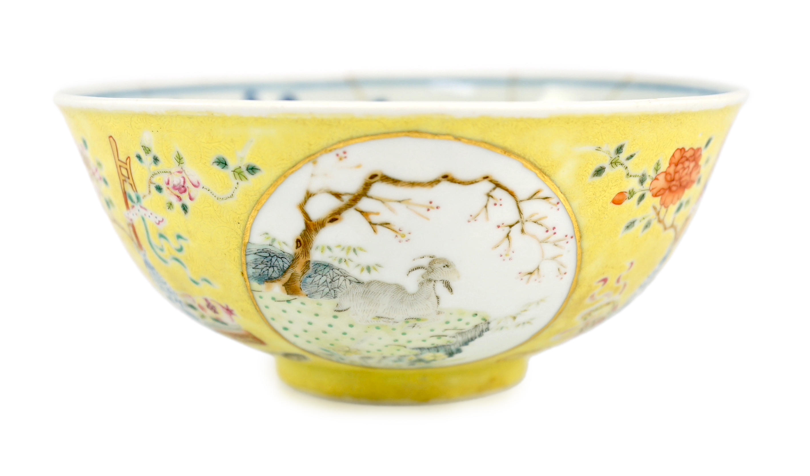 A Chinese yellow ground medallion bowl, Guangxu six character mark and of the period (1875-1908)